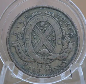 1837 Bank Token Half Penny - F (Fine) Condition - 1/2 Penny Bank Token 1837 Bank of Montreal Canadian Bank Token 1837, Low Mintage