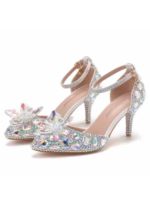 7 cm Stiletto Pointed Crystal Glass Flower Sandals