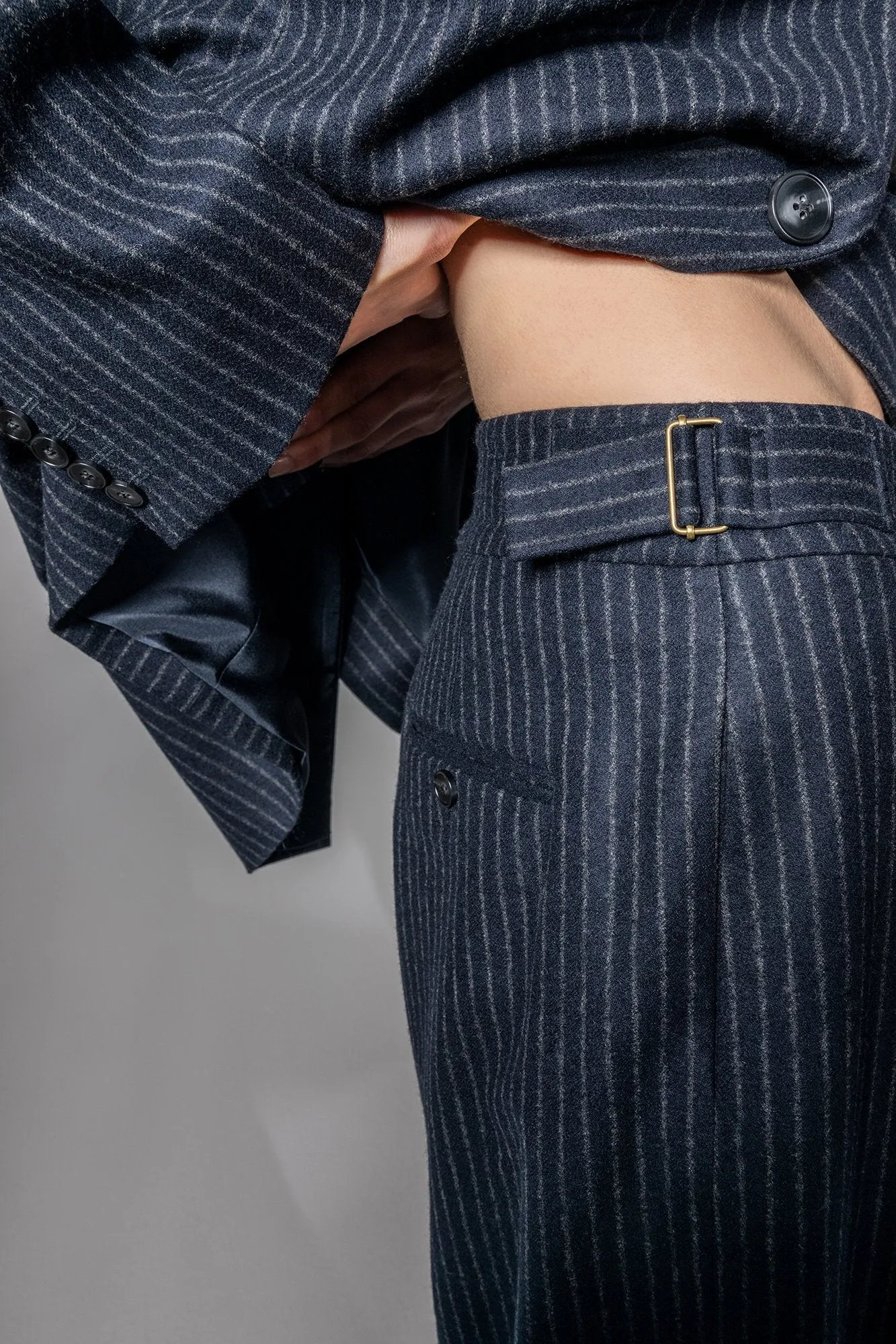 Adjustable Pinstriped Navy Trousers in Wool