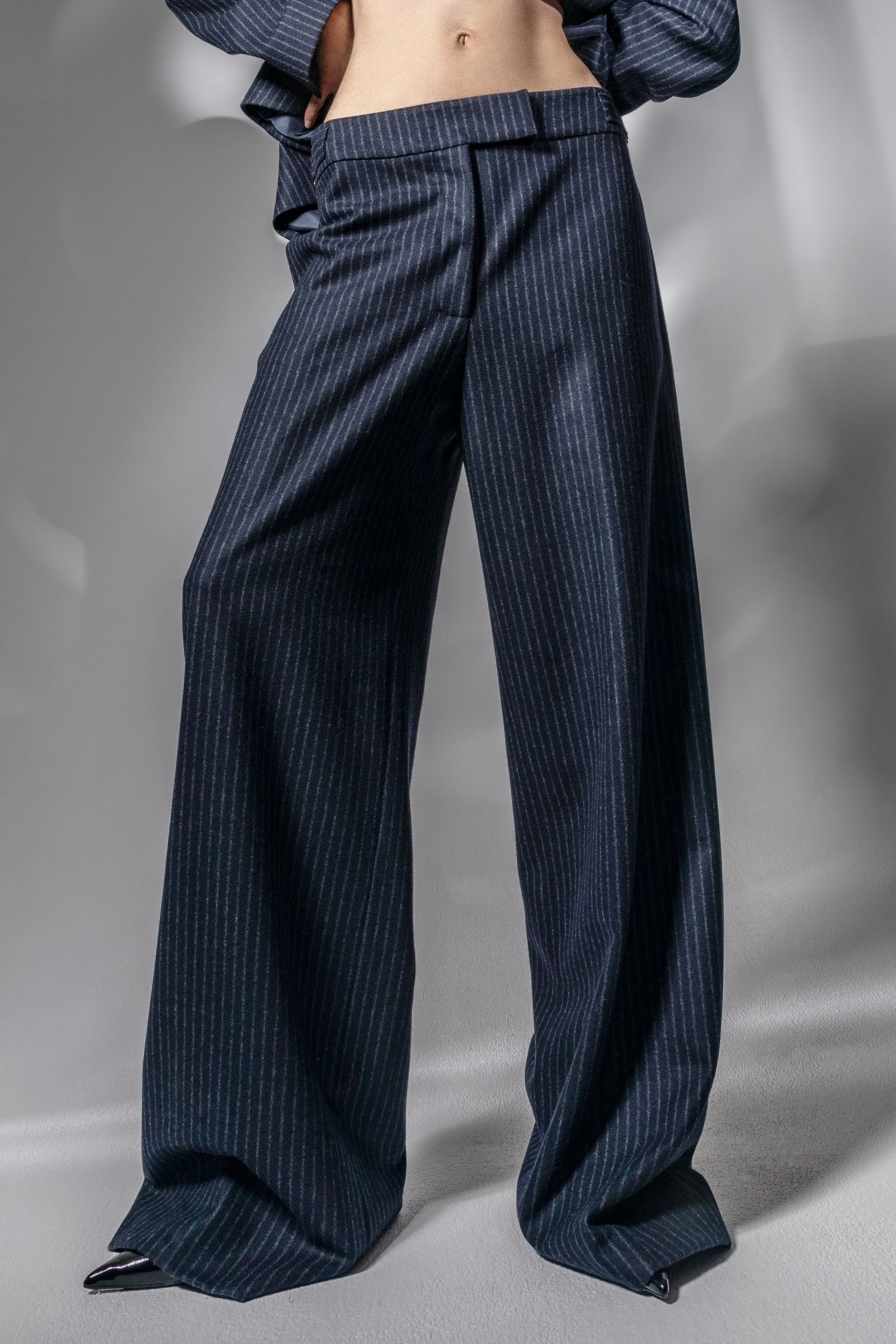 Adjustable Pinstriped Navy Trousers in Wool