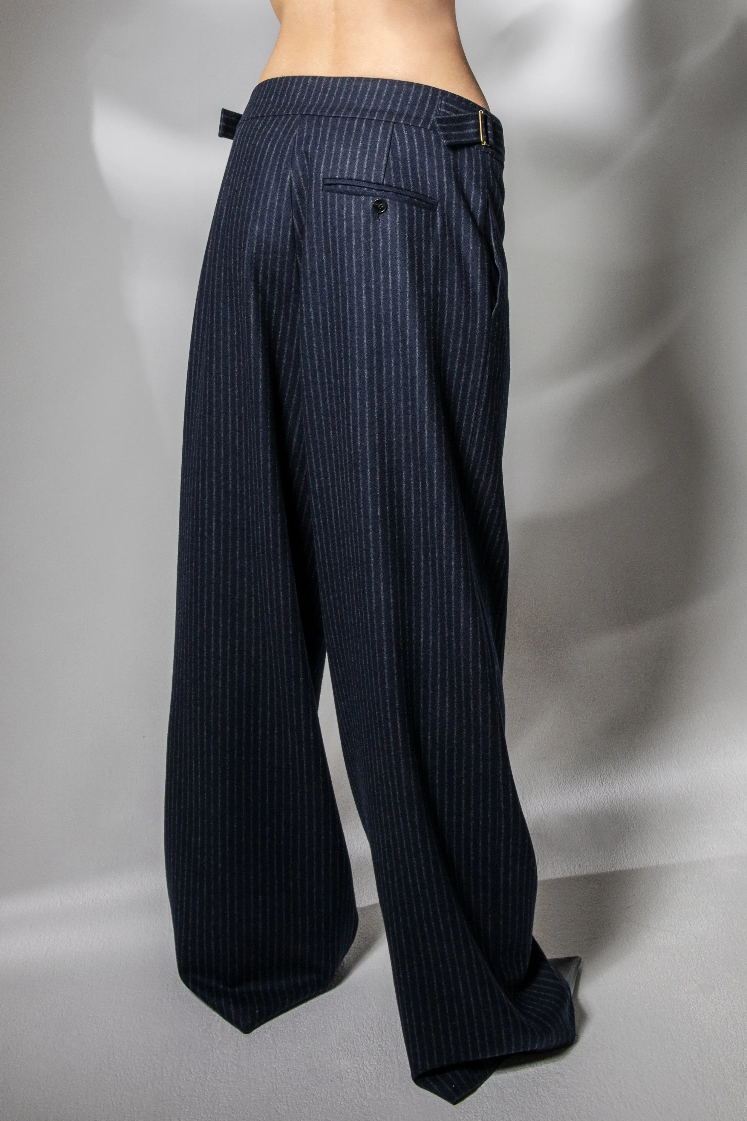 Adjustable Pinstriped Navy Trousers in Wool