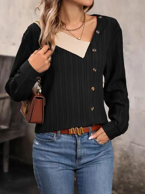 Asymmetrical Neck Buttoned Black Long Sleeve Top
