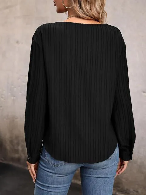 Asymmetrical Neck Buttoned Black Long Sleeve Top