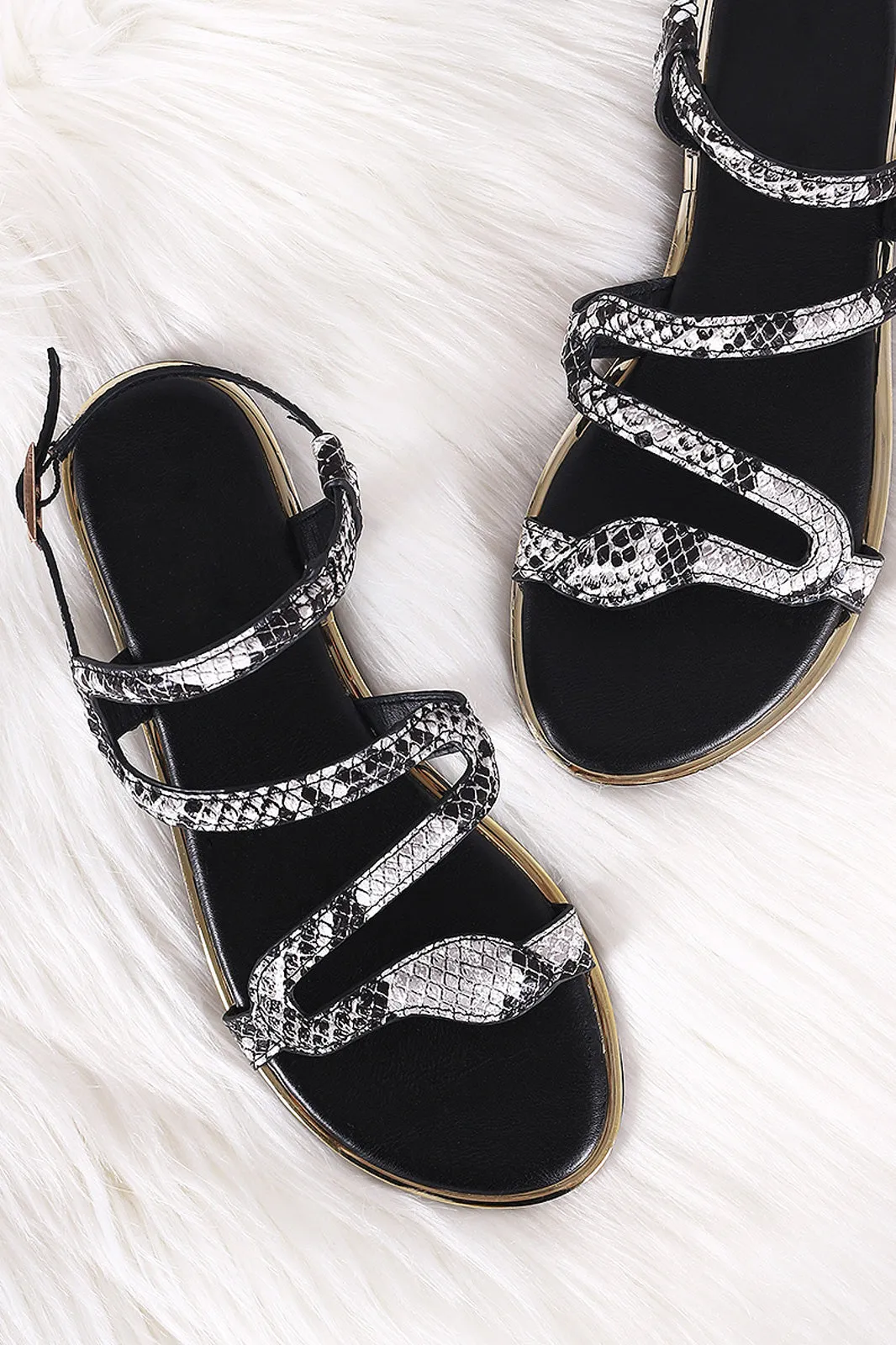 Bamboo Strappy Snakeskin Open Toe Flat Sandal