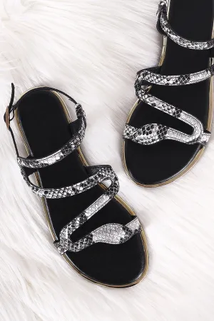 Bamboo Strappy Snakeskin Open Toe Flat Sandal