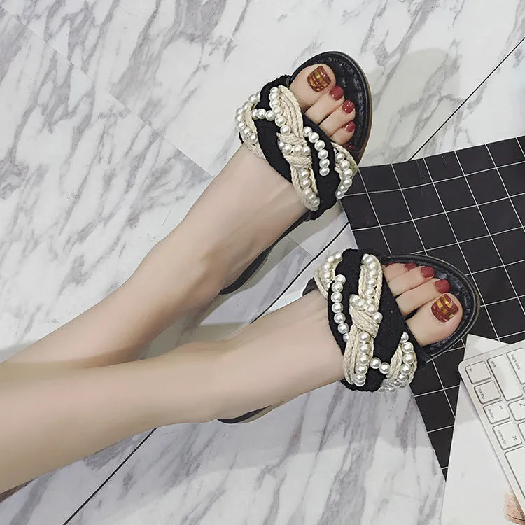 Beads Decorate Open Toe Flat Sandals Slippers