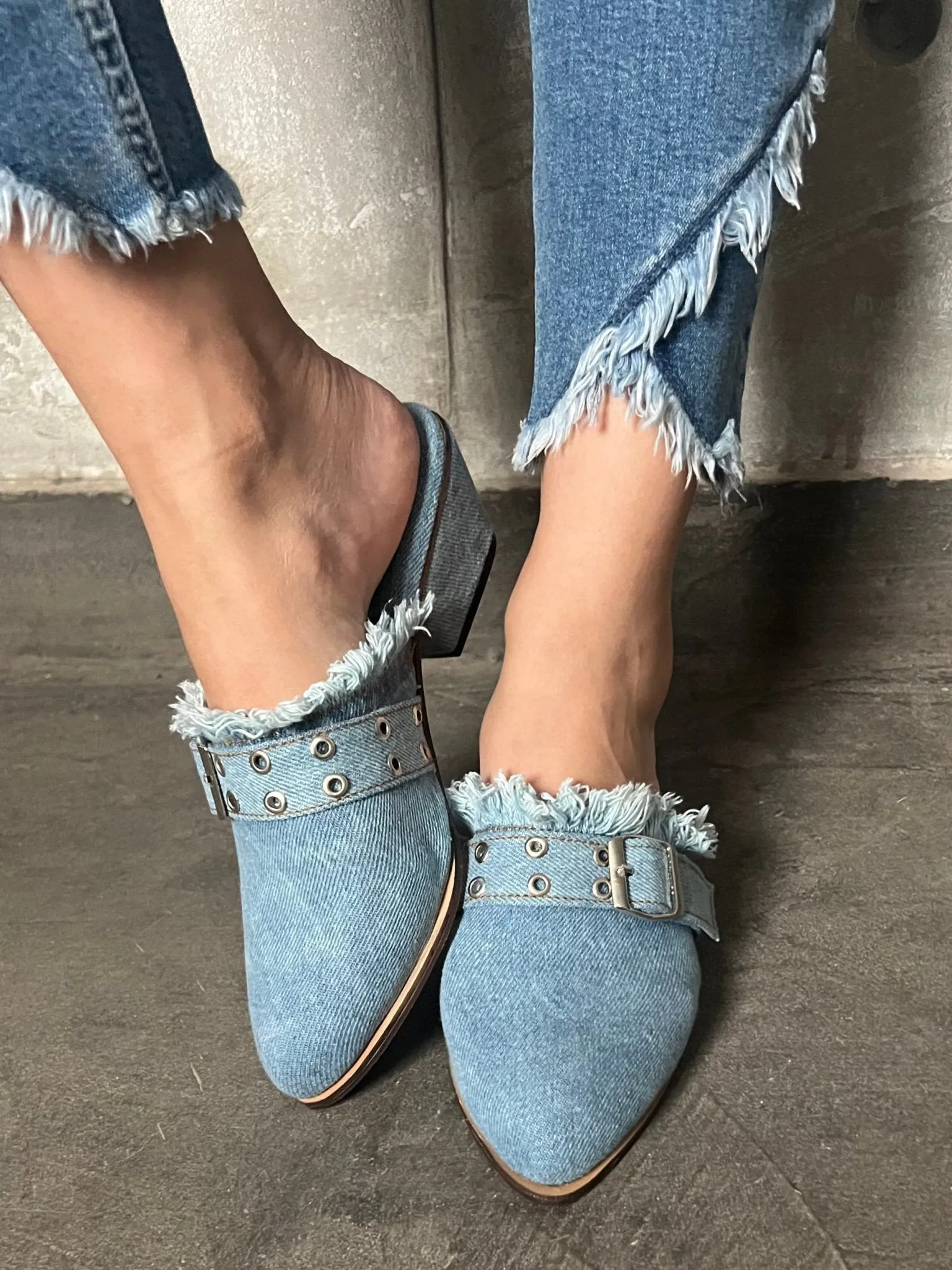 Belted Denim Short Heels Mule