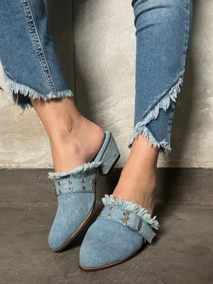 Belted Denim Short Heels Mule