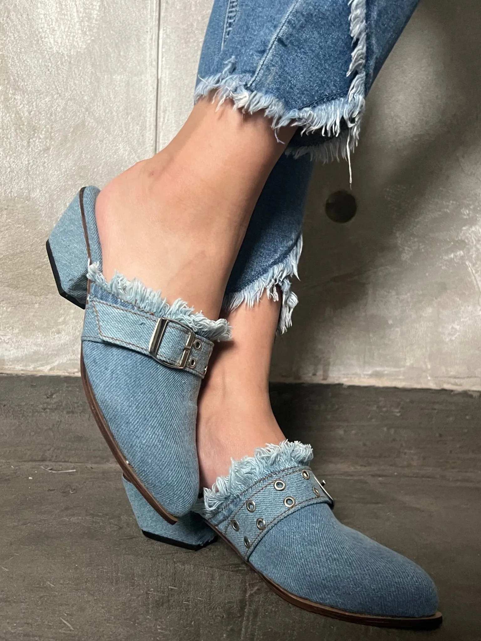 Belted Denim Short Heels Mule