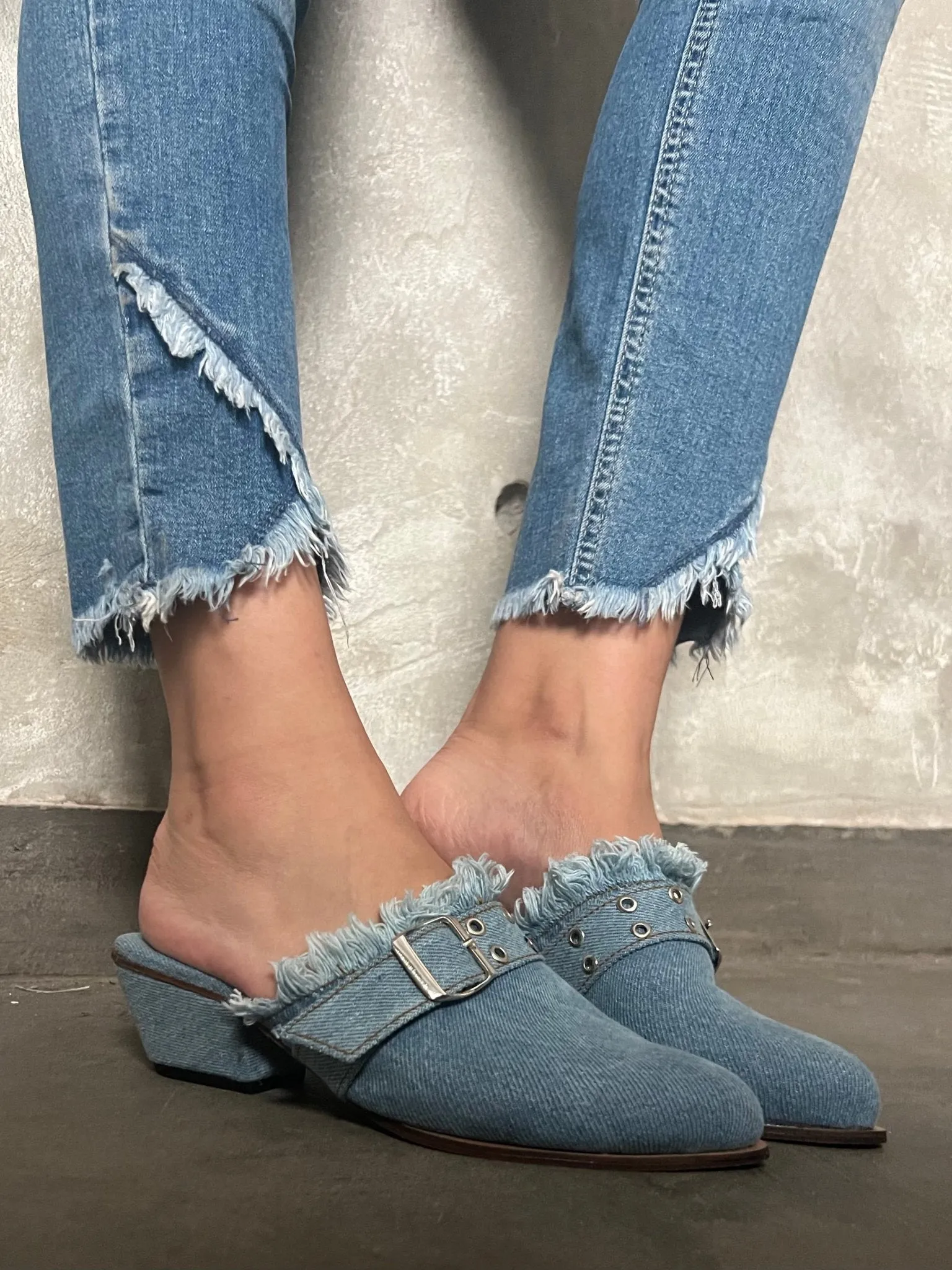 Belted Denim Short Heels Mule