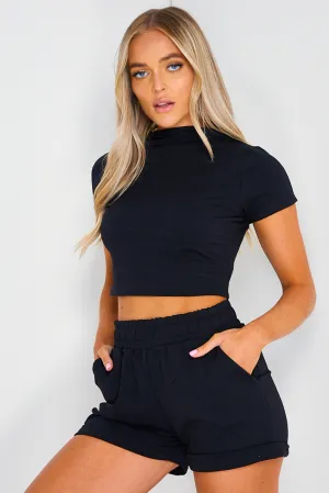 Black High Neck Crop Top and Shorts Co-ord Set