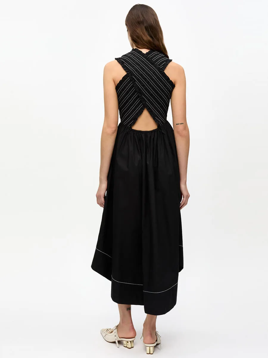 Black Washed Stretch Cotton Smock Midi Dress