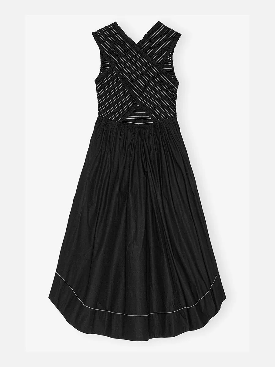 Black Washed Stretch Cotton Smock Midi Dress