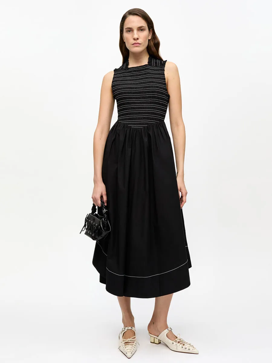 Black Washed Stretch Cotton Smock Midi Dress
