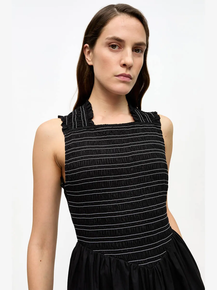 Black Washed Stretch Cotton Smock Midi Dress