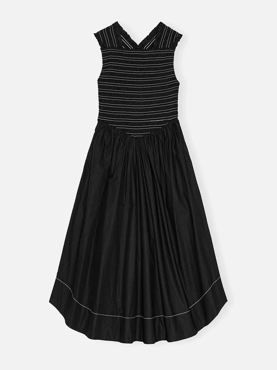 Black Washed Stretch Cotton Smock Midi Dress