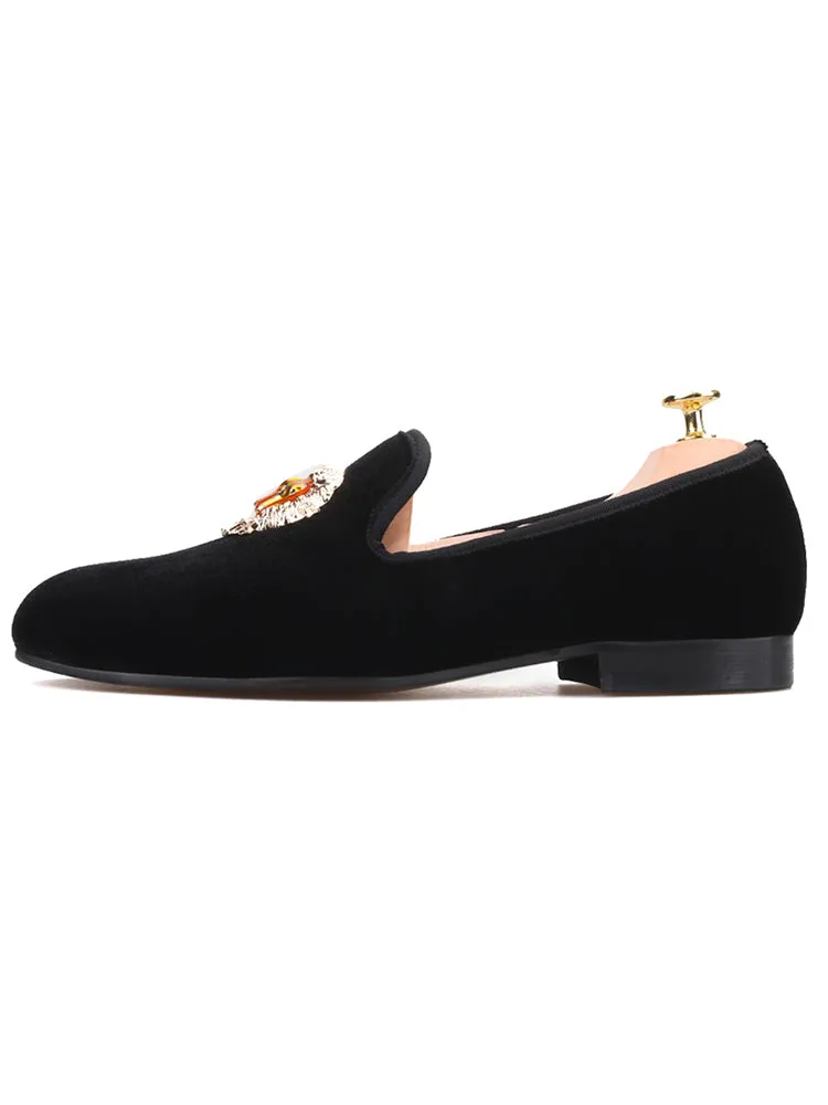 British diamond-encrusted lion head buckle velvet men's slip-on loafers wedding banquet shoes European and American large size men's shoes