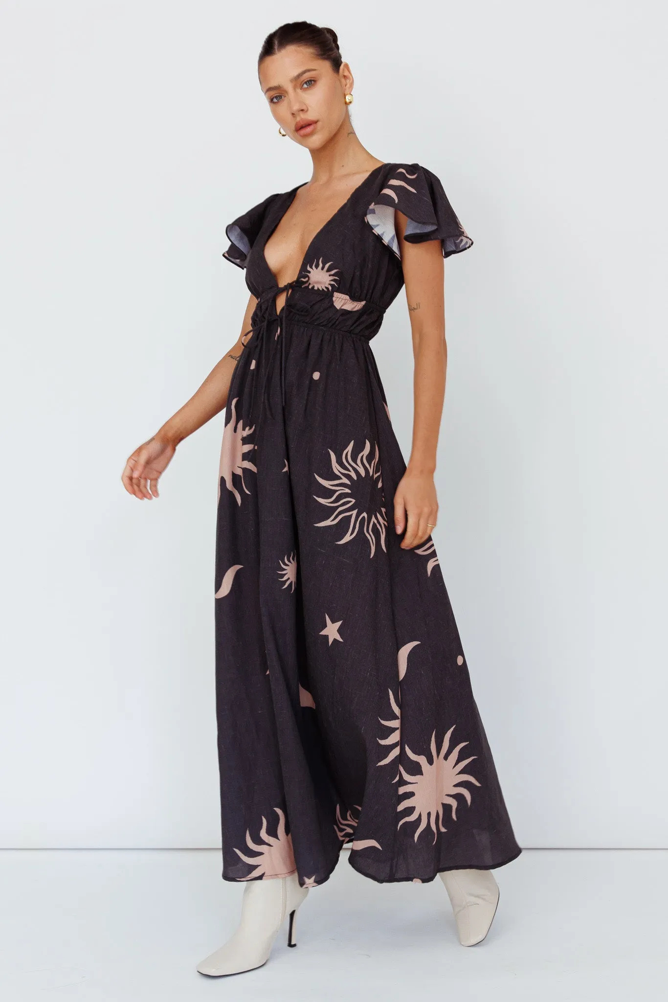 Carnivale Angel Sleeve Maxi Dress Black/Beige