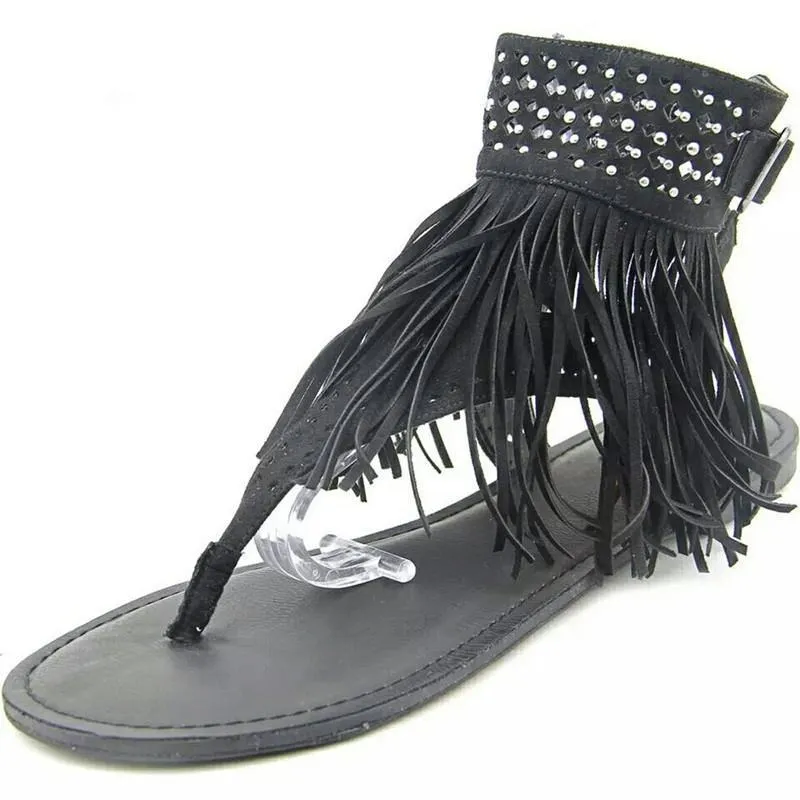Chicvane Leather Tassel With Diamonds Women Flat Sandals