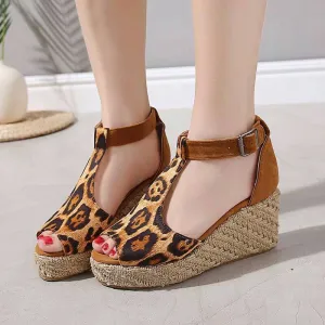 Chicvane Leopard Print Peep Toe Wedge Sandals