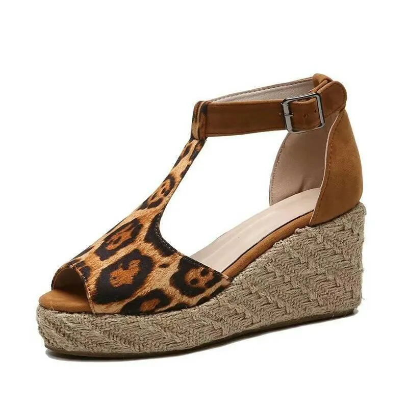 Chicvane Leopard Print Peep Toe Wedge Sandals