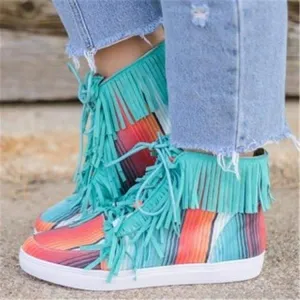 Chicvane New Women's Tassels Gradient Color Round Toe Ankle Boots