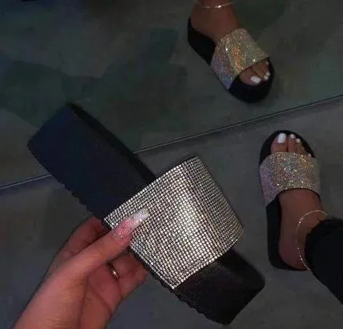 Chicvane Shiny Rhinestones Slides Shoes Platform Sandals
