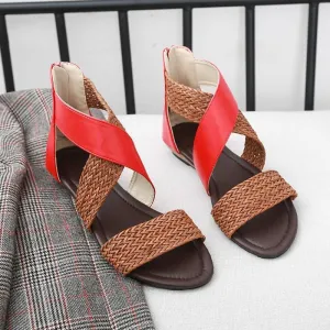 Chicvane Straw Criss Cross Straps Flat Sandals with Zipper