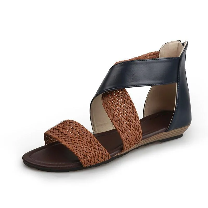 Chicvane Straw Criss Cross Straps Flat Sandals with Zipper