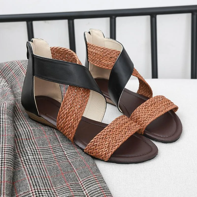Chicvane Straw Criss Cross Straps Flat Sandals with Zipper
