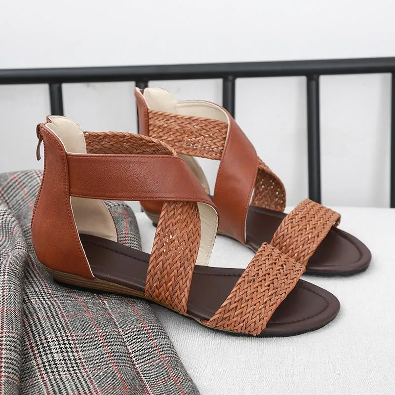 Chicvane Straw Criss Cross Straps Flat Sandals with Zipper