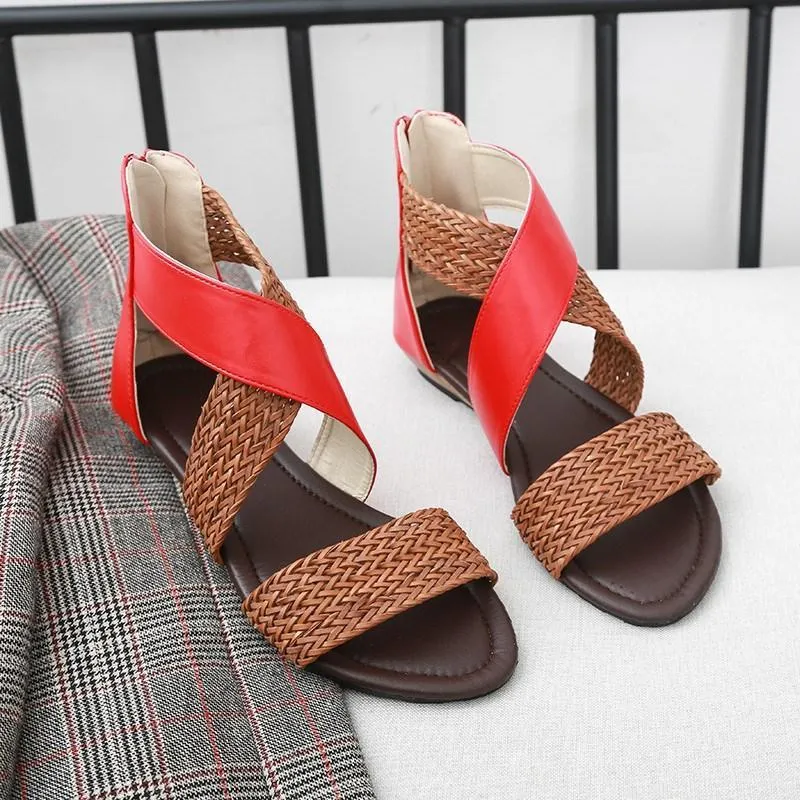 Chicvane Straw Criss Cross Straps Flat Sandals with Zipper