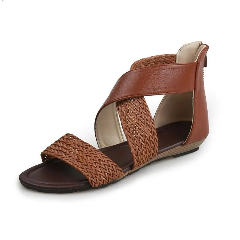 Chicvane Straw Criss Cross Straps Flat Sandals with Zipper