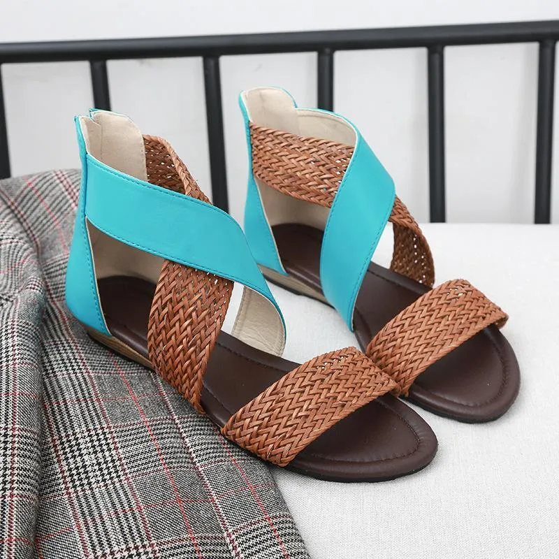 Chicvane Straw Criss Cross Straps Flat Sandals with Zipper