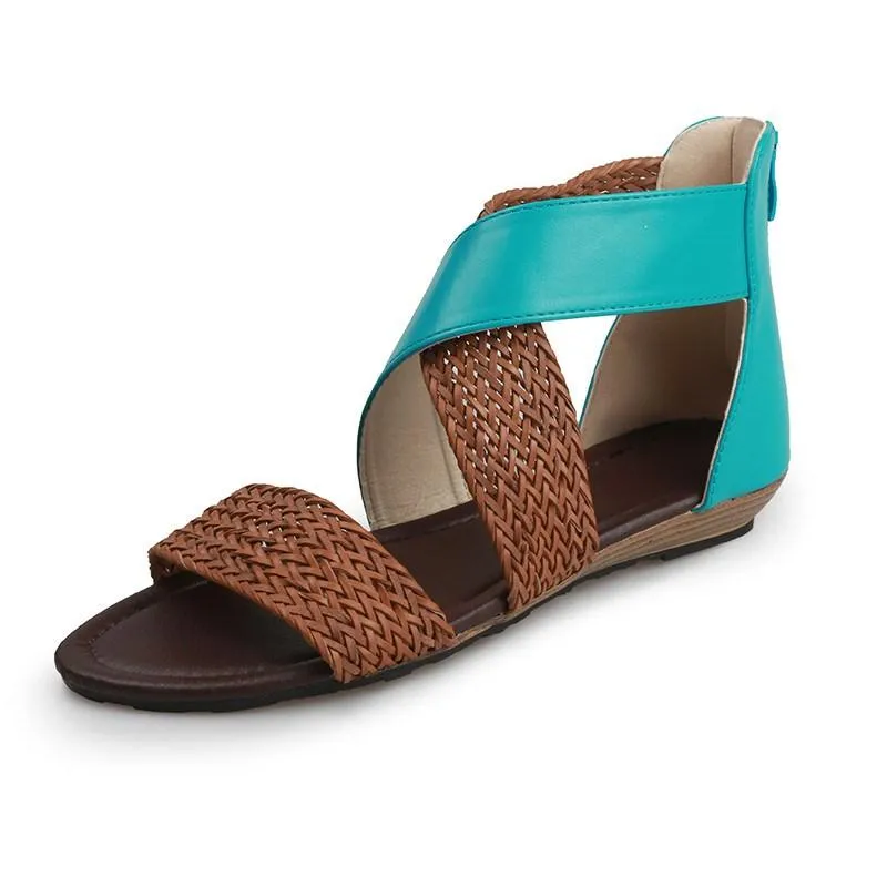 Chicvane Straw Criss Cross Straps Flat Sandals with Zipper