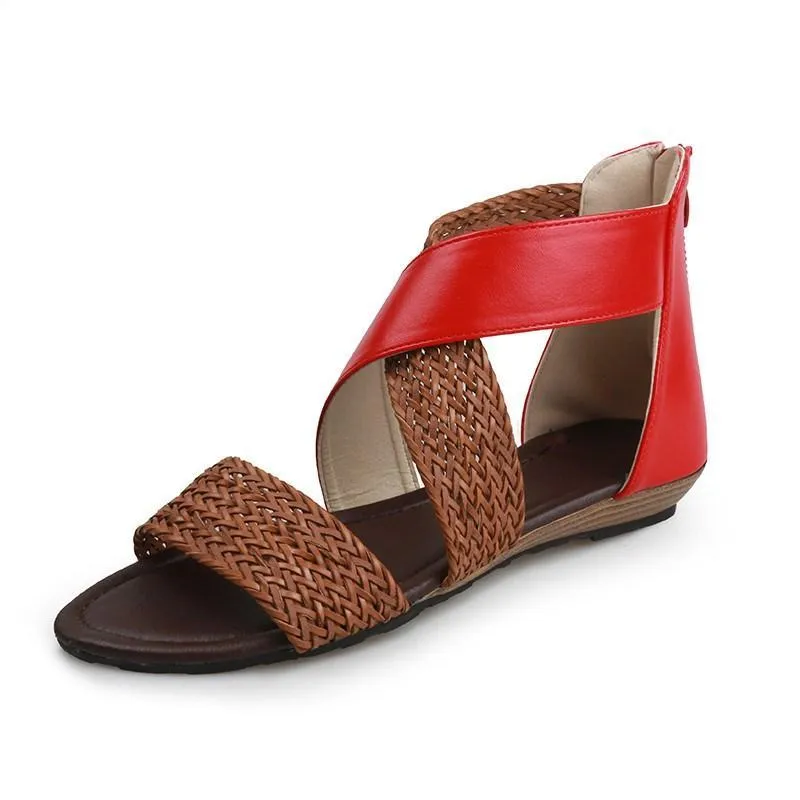 Chicvane Straw Criss Cross Straps Flat Sandals with Zipper