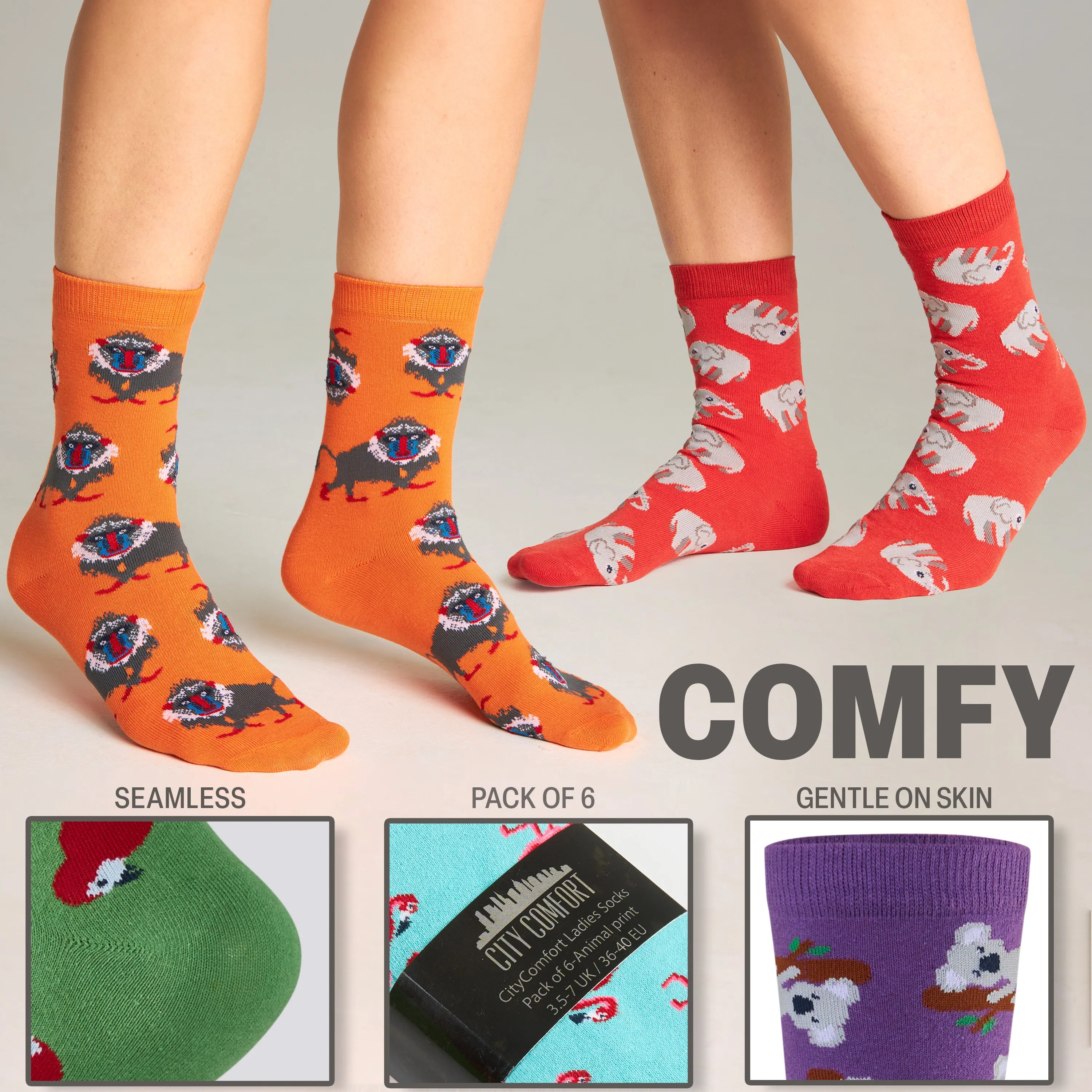 CityComfort Calf Socks for Women and Teenagers - Multi Animal - Pack of 6