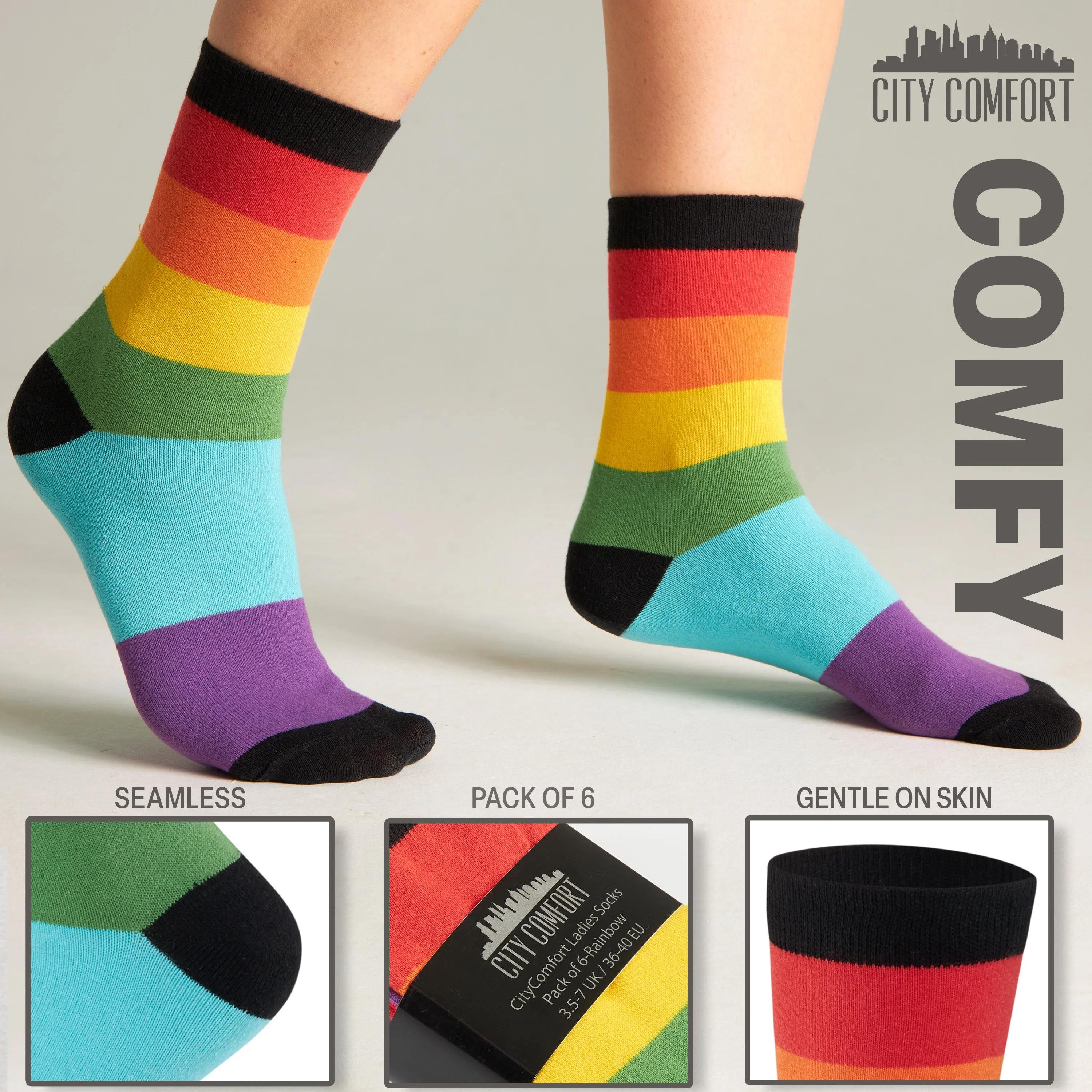 CityComfort Calf Socks for Women and Teenagers - Rainbow - Pack of 6