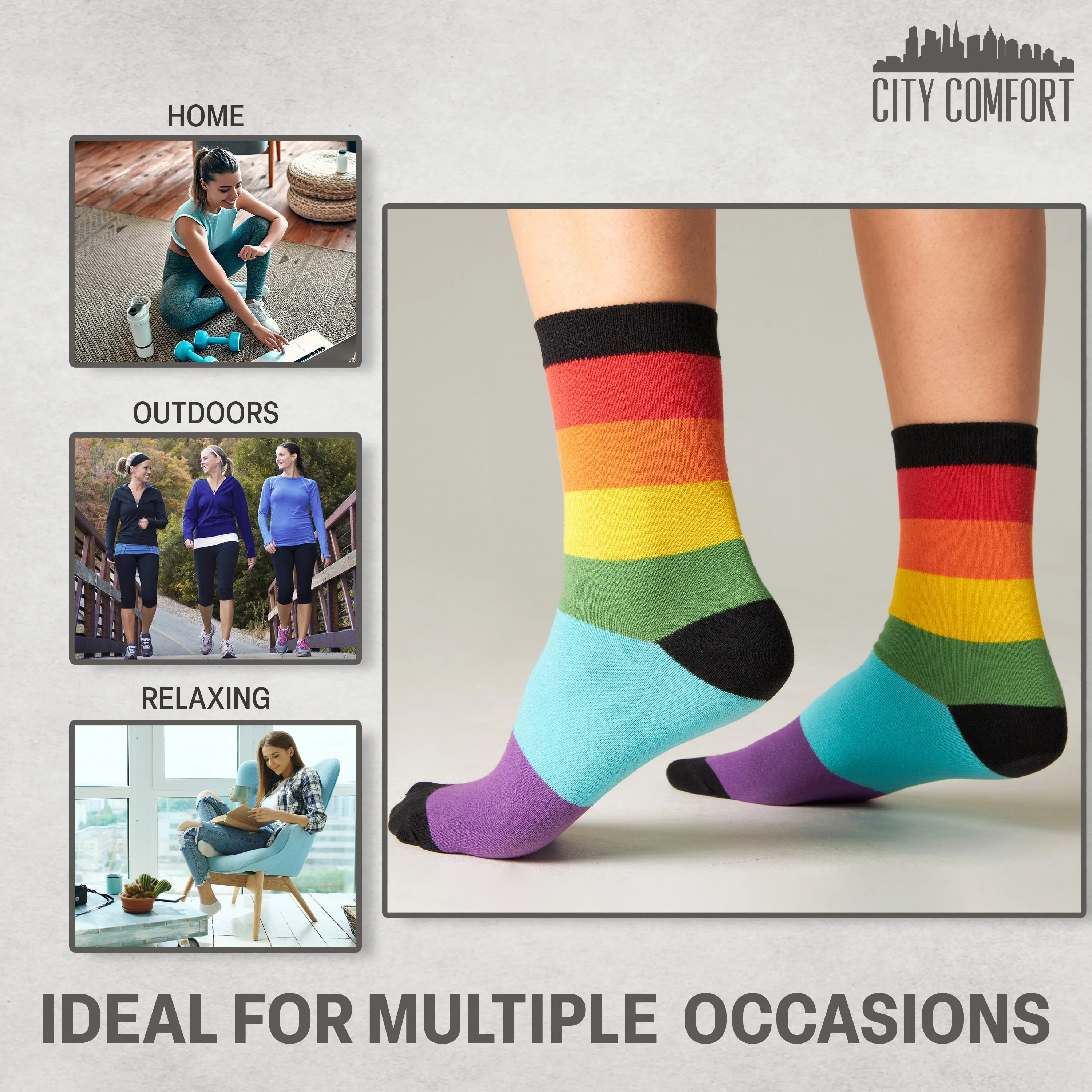 CityComfort Calf Socks for Women and Teenagers - Rainbow - Pack of 6