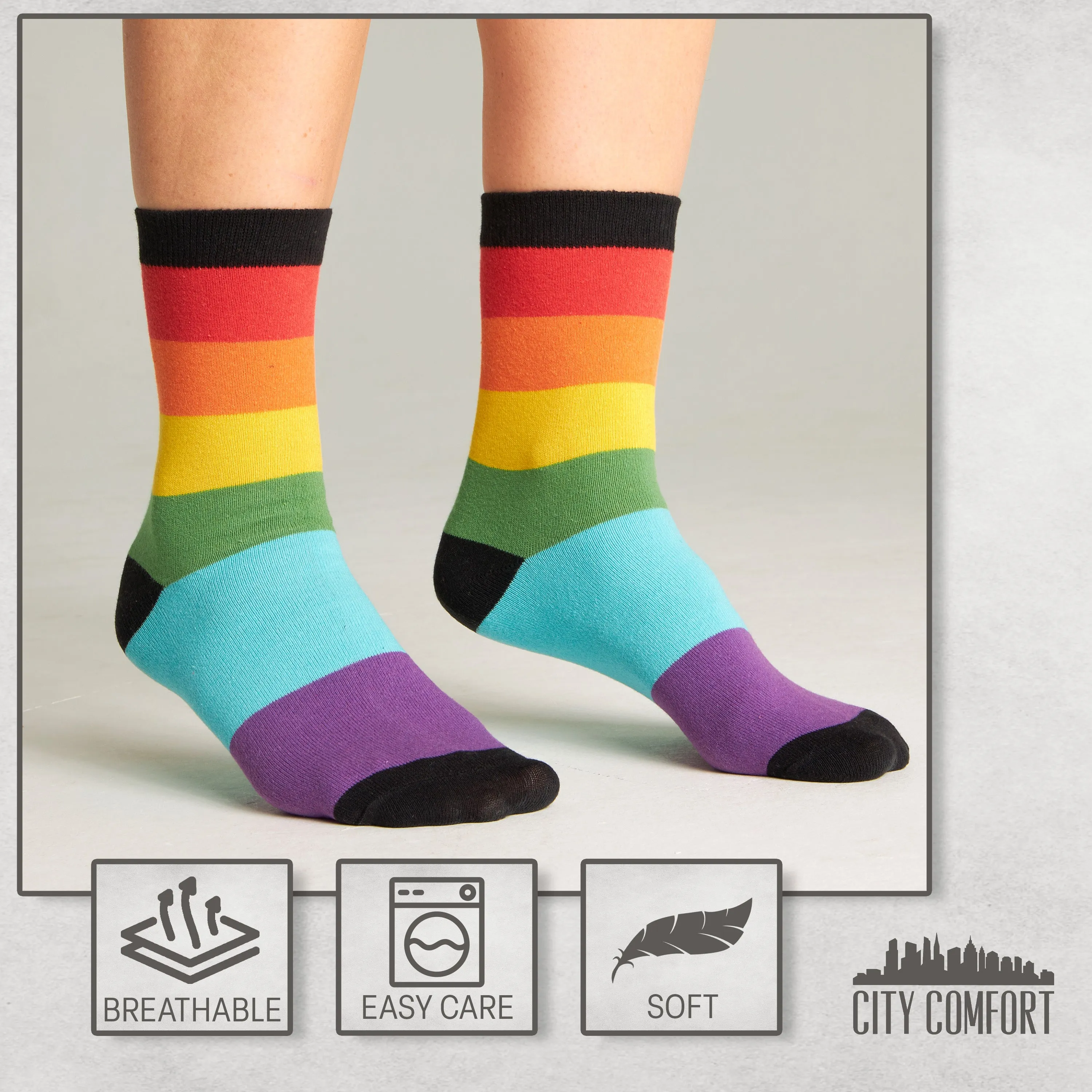 CityComfort Calf Socks for Women and Teenagers - Rainbow - Pack of 6