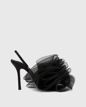 Clio Mesh Flower Slingback Sandals In Black
