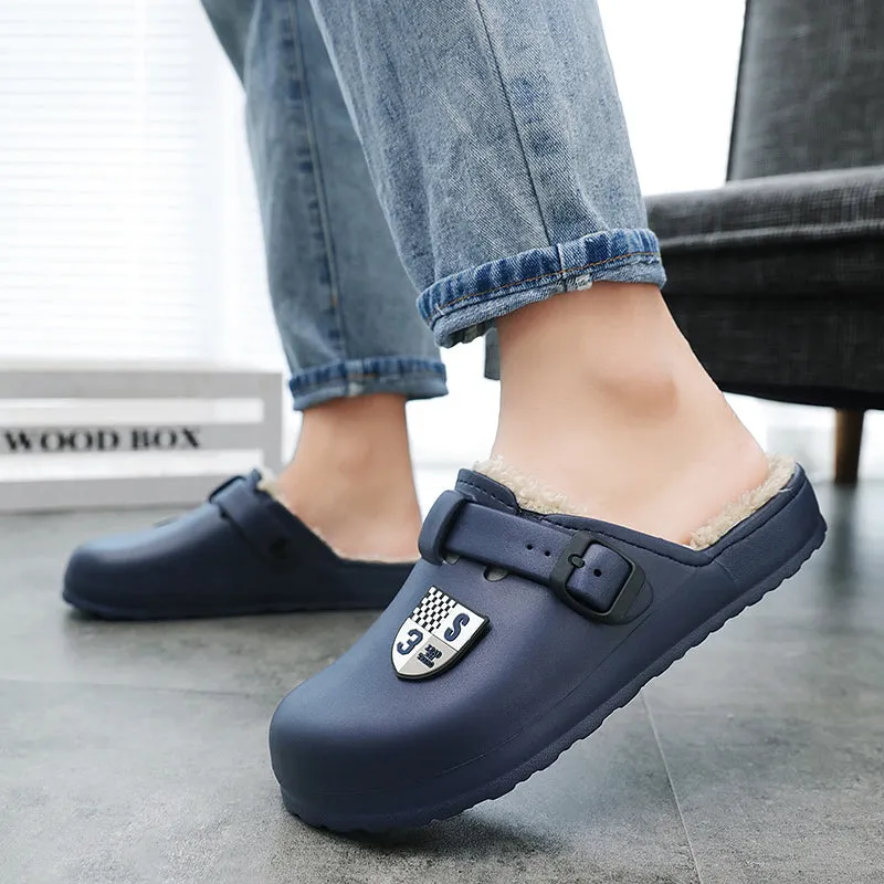 Cuzcare Men Fluffy Plush Slippers PU Winter Mule Clogs