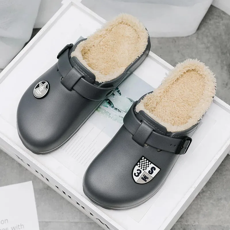 Cuzcare Men Fluffy Plush Slippers PU Winter Mule Clogs