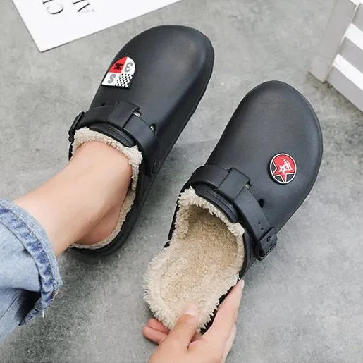 Cuzcare Men Fluffy Plush Slippers PU Winter Mule Clogs