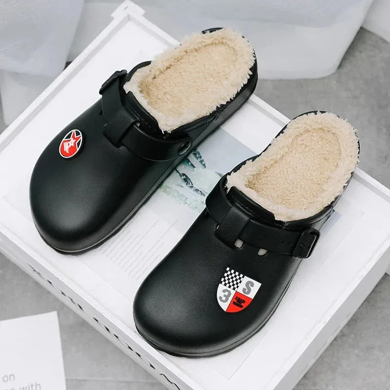 Cuzcare Men Fluffy Plush Slippers PU Winter Mule Clogs