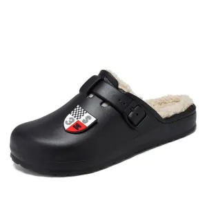 Cuzcare Men Fluffy Plush Slippers PU Winter Mule Clogs