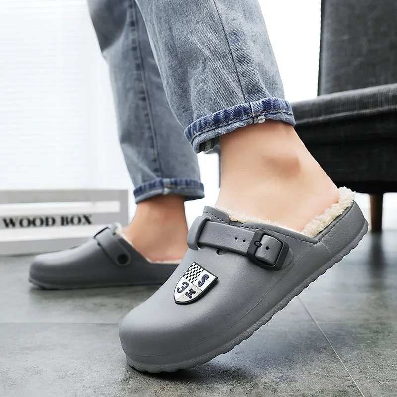 Cuzcare Men Fluffy Plush Slippers PU Winter Mule Clogs