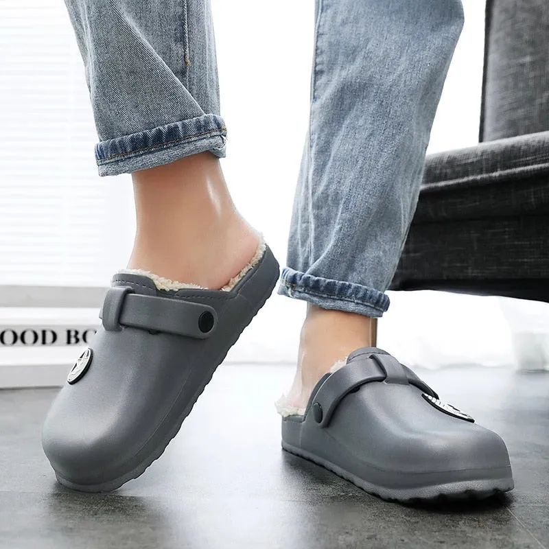 Cuzcare Men Fluffy Plush Slippers PU Winter Mule Clogs