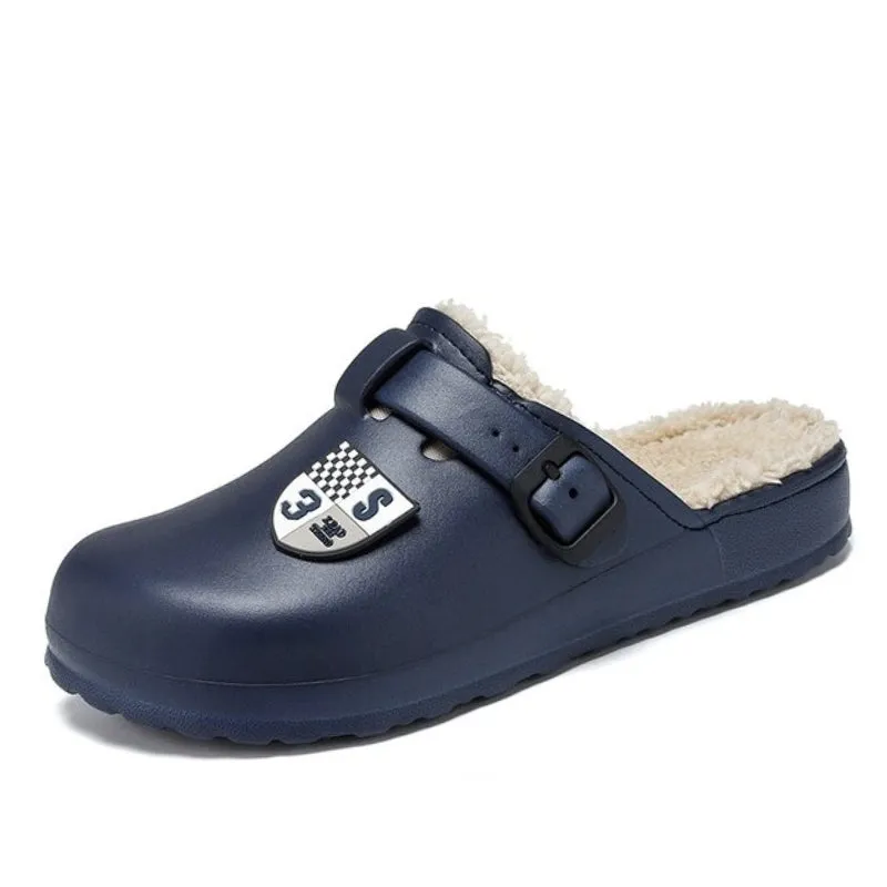Cuzcare Men Fluffy Plush Slippers PU Winter Mule Clogs