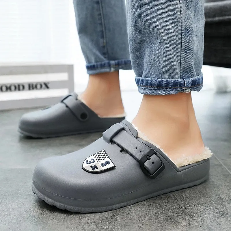Cuzcare Men Fluffy Plush Slippers PU Winter Mule Clogs